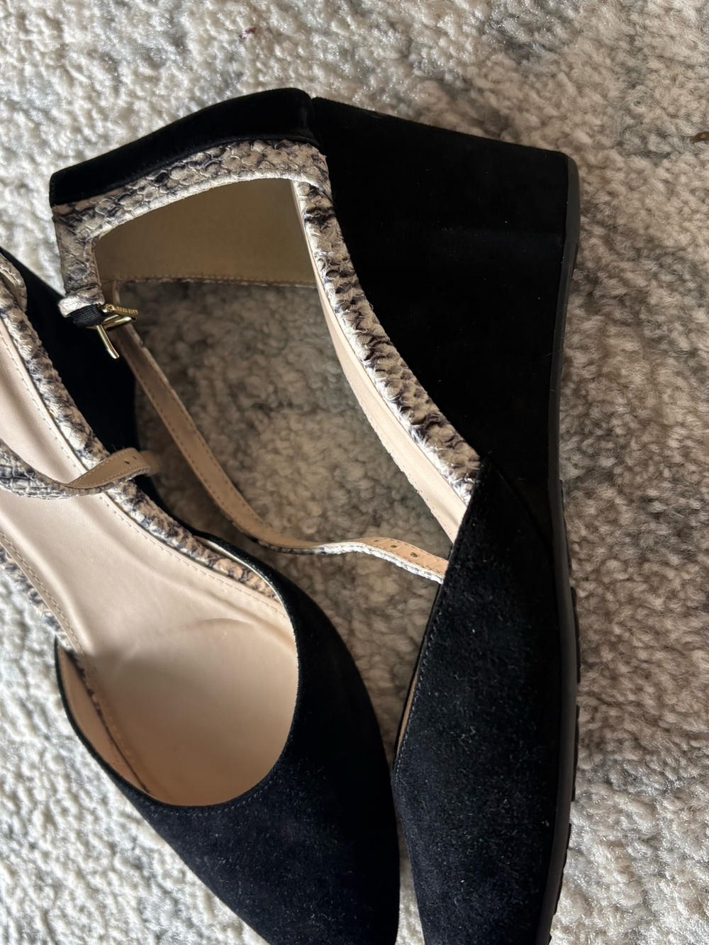 Cole Haan Black Suede Wedges with Snake-Print Trim